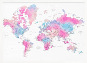 Watercolor world map with cities, Keahi Poster