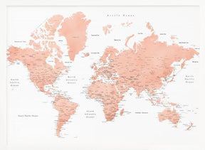 Rose gold world map with cities, Hadi Poster