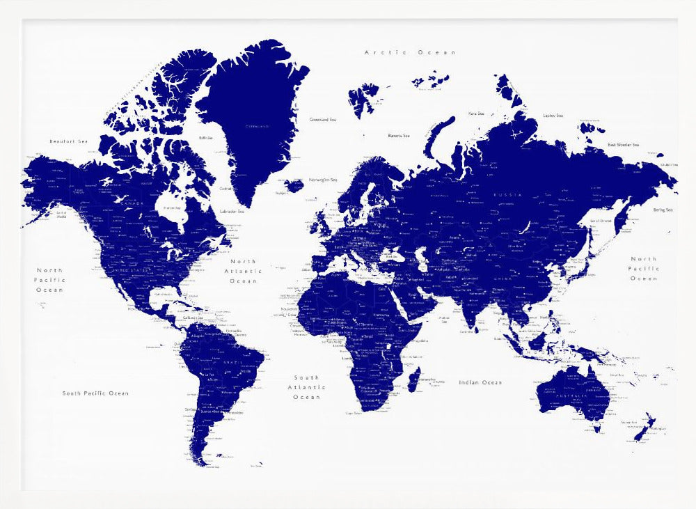 Navy blue world map with cities, Nevin Poster