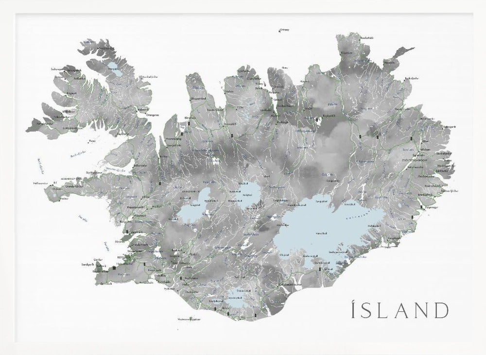 Island - Iceland map in gray watercolor with native labels Poster