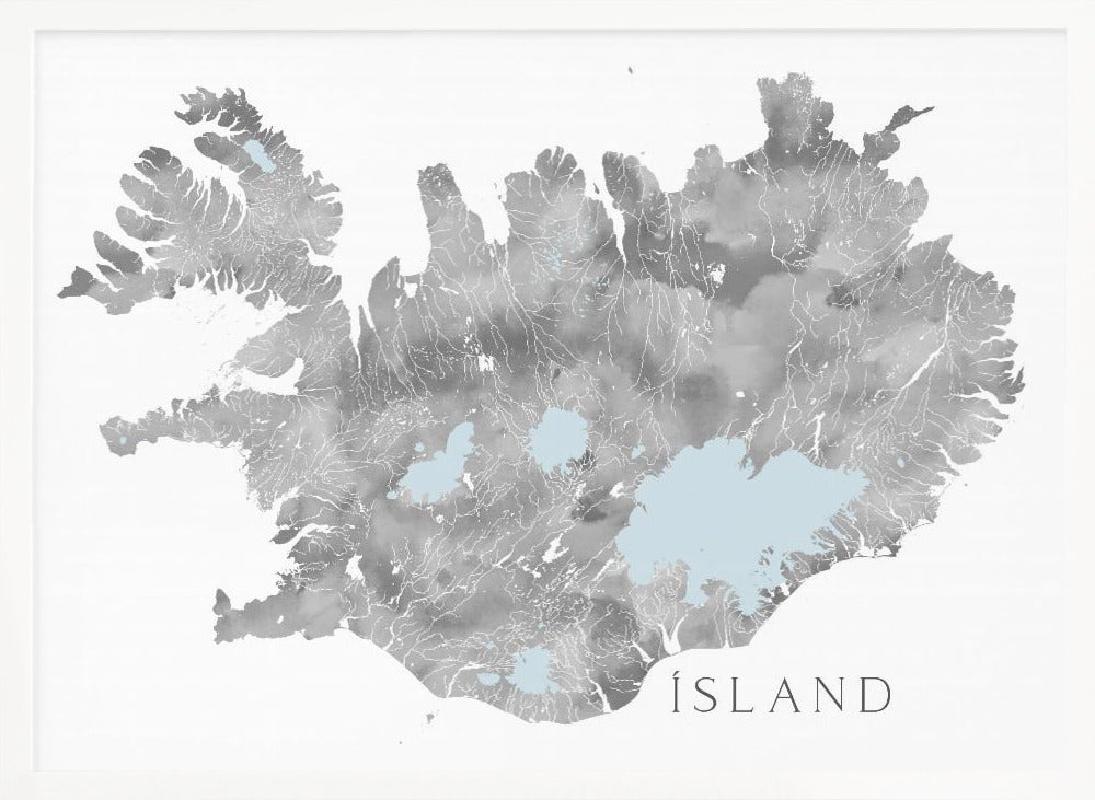 Ísland - Iceland blank map in gray watercolor Poster