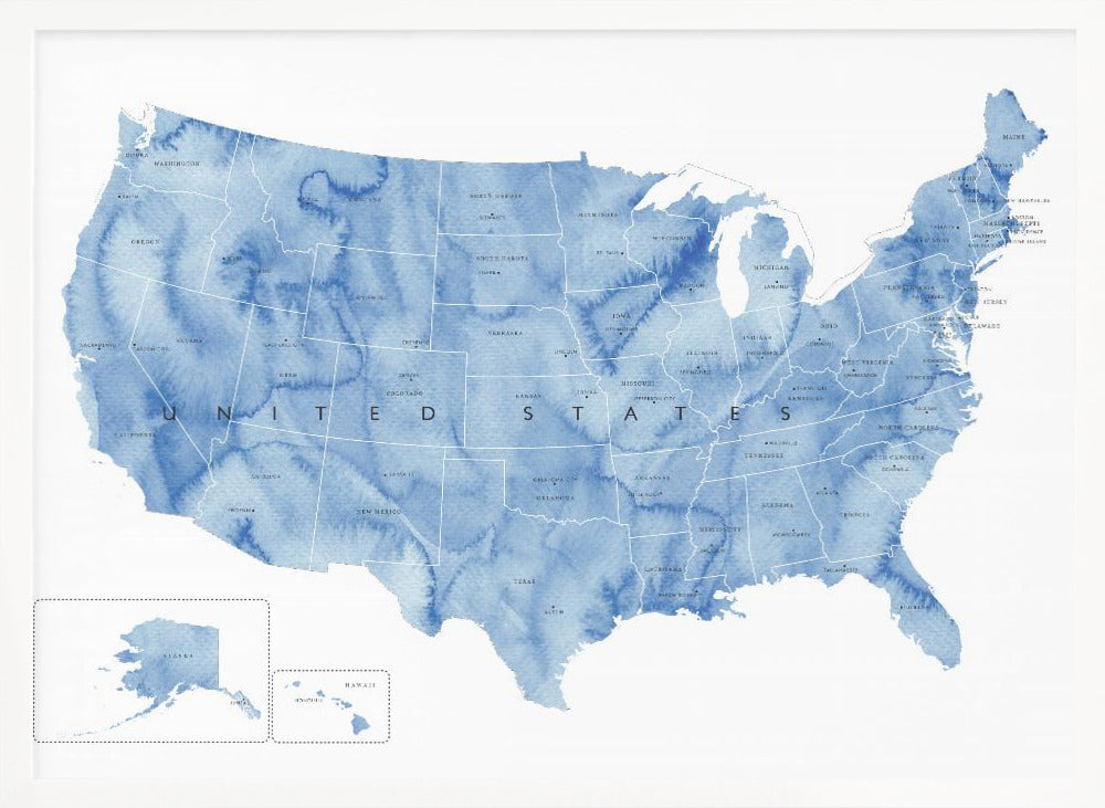 Blue watercolor map of the USA with states and state capitals Poster