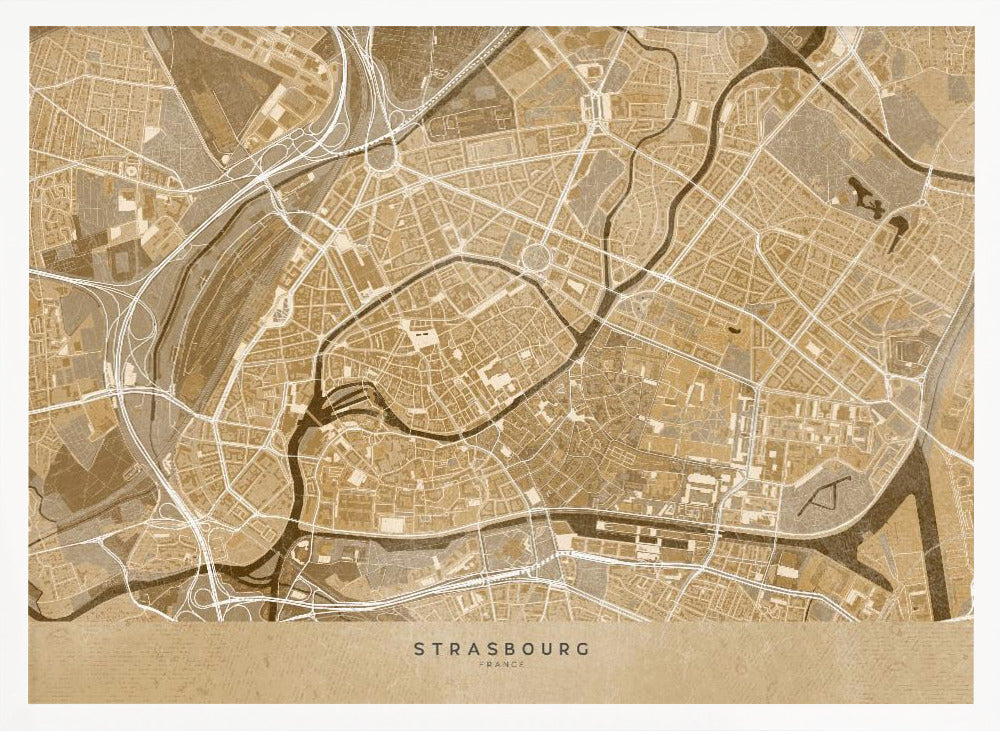 Sepia vintage map of Strasbourg downtown France Poster