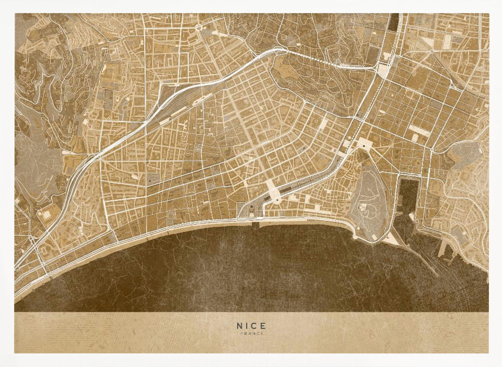 Sepia vintage map of Nice downtown France Poster