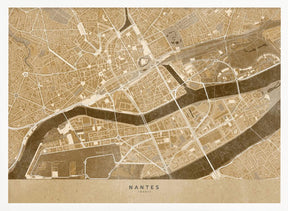 Sepia vintage map of Nantes downtown France Poster