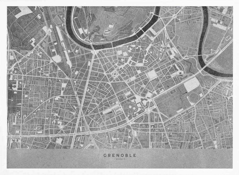 Gray vintage map of Grenoble downtown France Poster