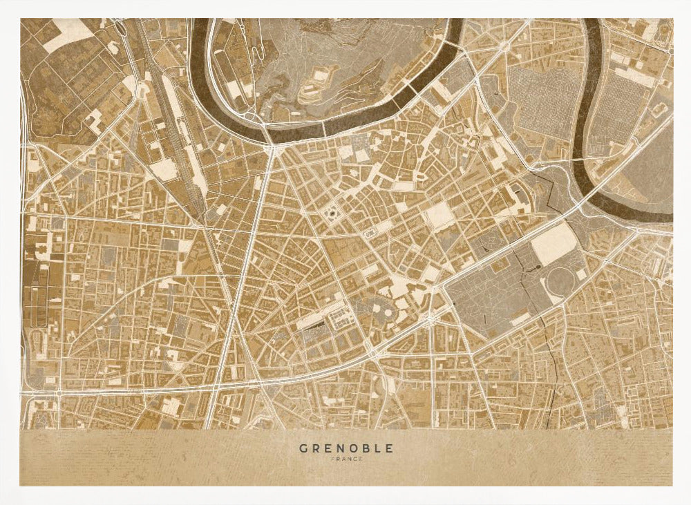 Sepia vintage map of Grenoble downtown France Poster