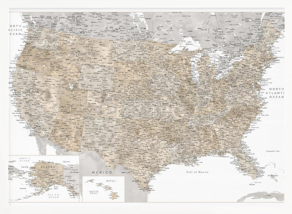 Highly detailed map of the United States and Canada Poster