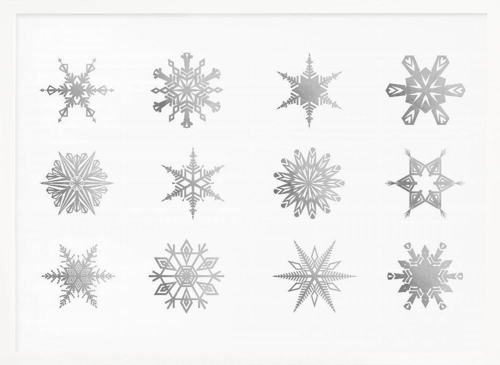 Twelve geometric snowflakes in gray Poster