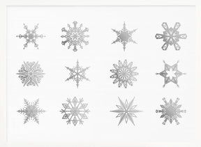 Twelve geometric snowflakes in gray Poster