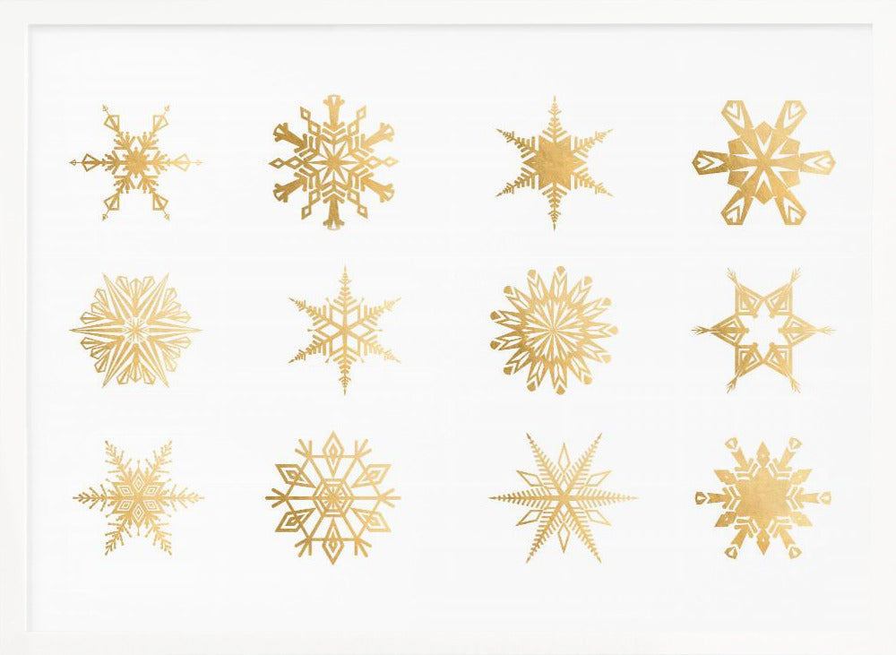 Twelve geometric snowflakes in gold Poster