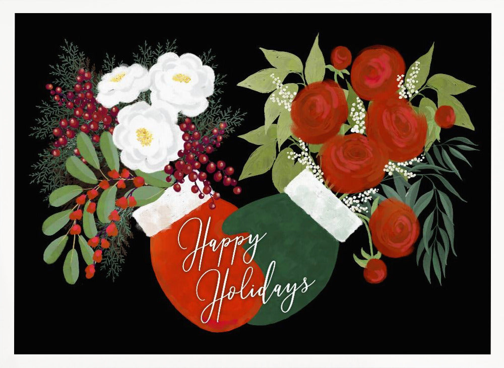 Floral mittens Happy holidays in black Poster