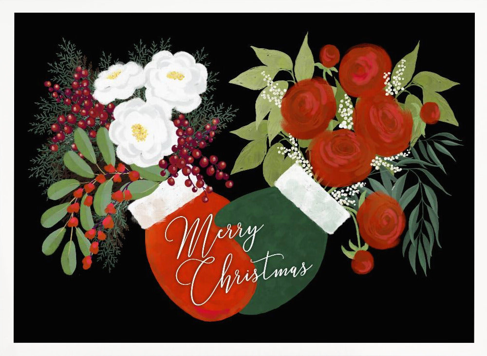 Floral mittens Merry Christmas in black Poster