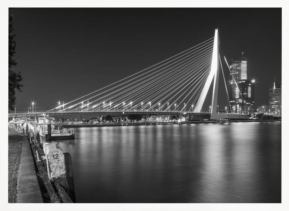 ROTTERDAM Erasmus Bridge with Willemskade by night | Monochrome Poster