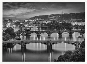 Evening view over the Vltava bridges in Prague - Monochrome Poster