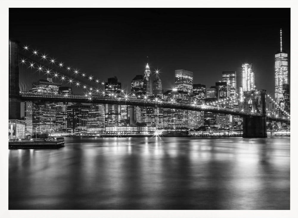 MANHATTAN SKYLINE &amp; BROOKLYN BRIDGE Idyllic Nightscape - Monochrome Panoramic Poster