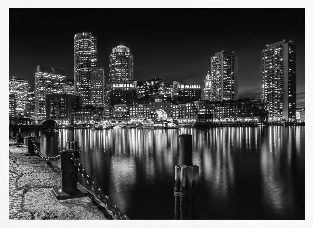 BOSTON Fan Pier Park &amp; Skyline at night - monochrome Poster