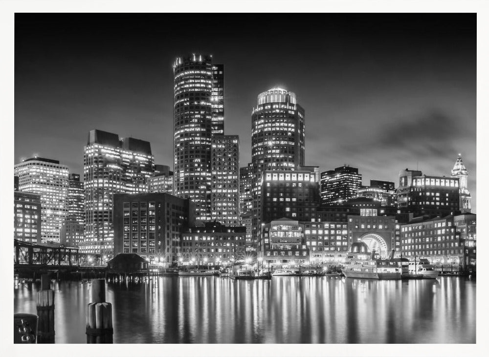 BOSTON Fan Pier Park &amp; Skyline in the evening - Monochrome Panoramic Poster