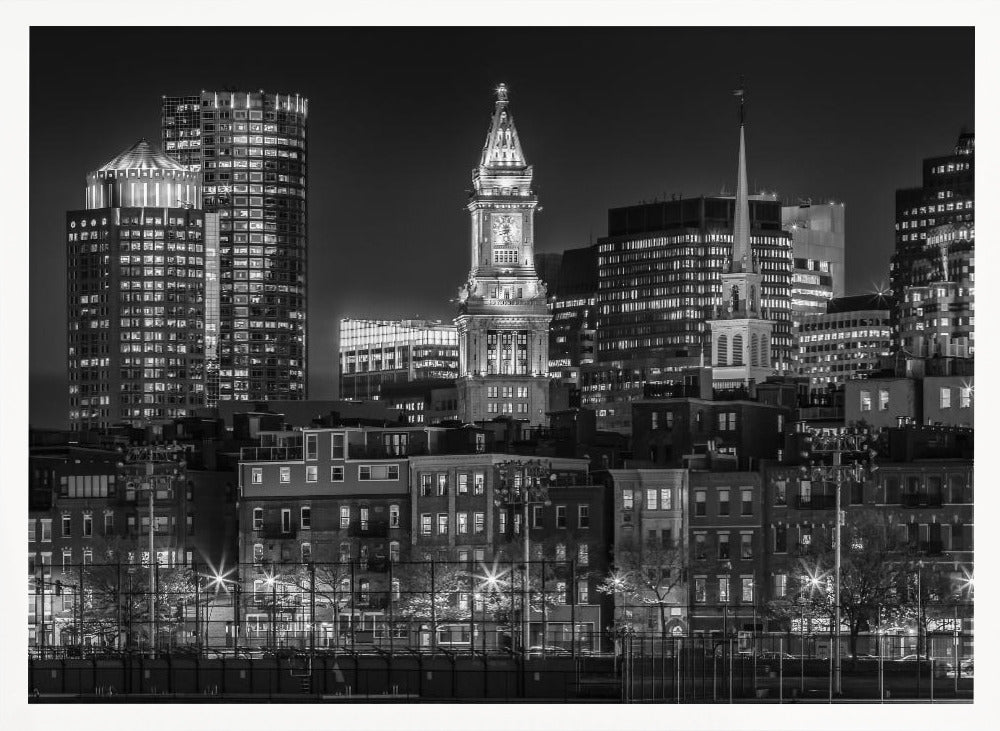 BOSTON Monochrome evening skyline of North End &amp; Financial District Poster