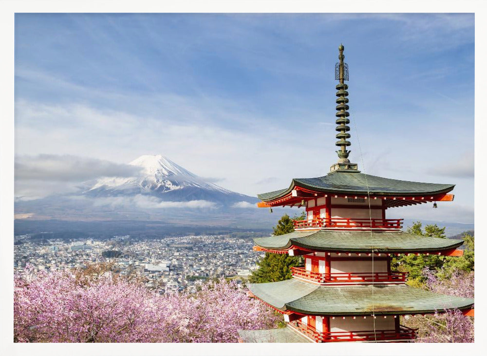 Magnificent view of Mount Fuji with Chureito Pagoda during cherry blossom season Poster