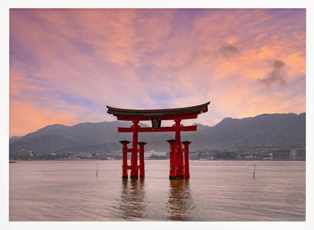 Vermilion Torii of Itsukushima Shrine on Miyajima at sunset Poster