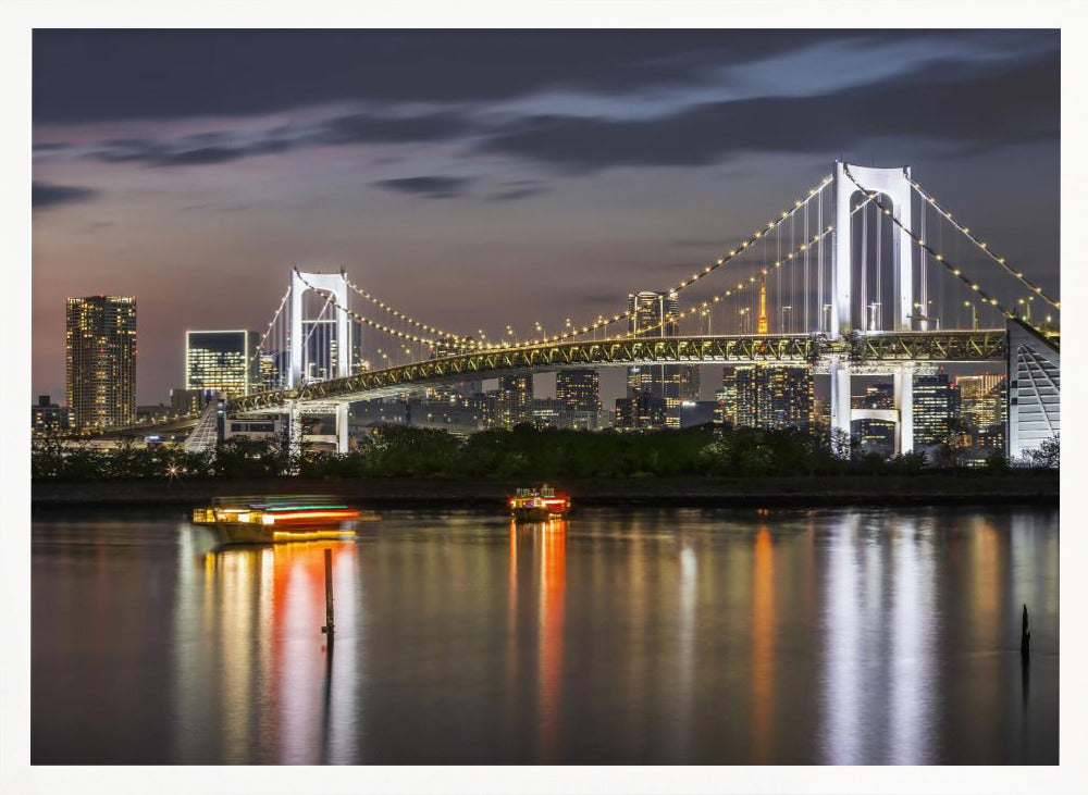 Charming Rainbow Bridge and Tokyo Skyline at sunset - Panorama Poster