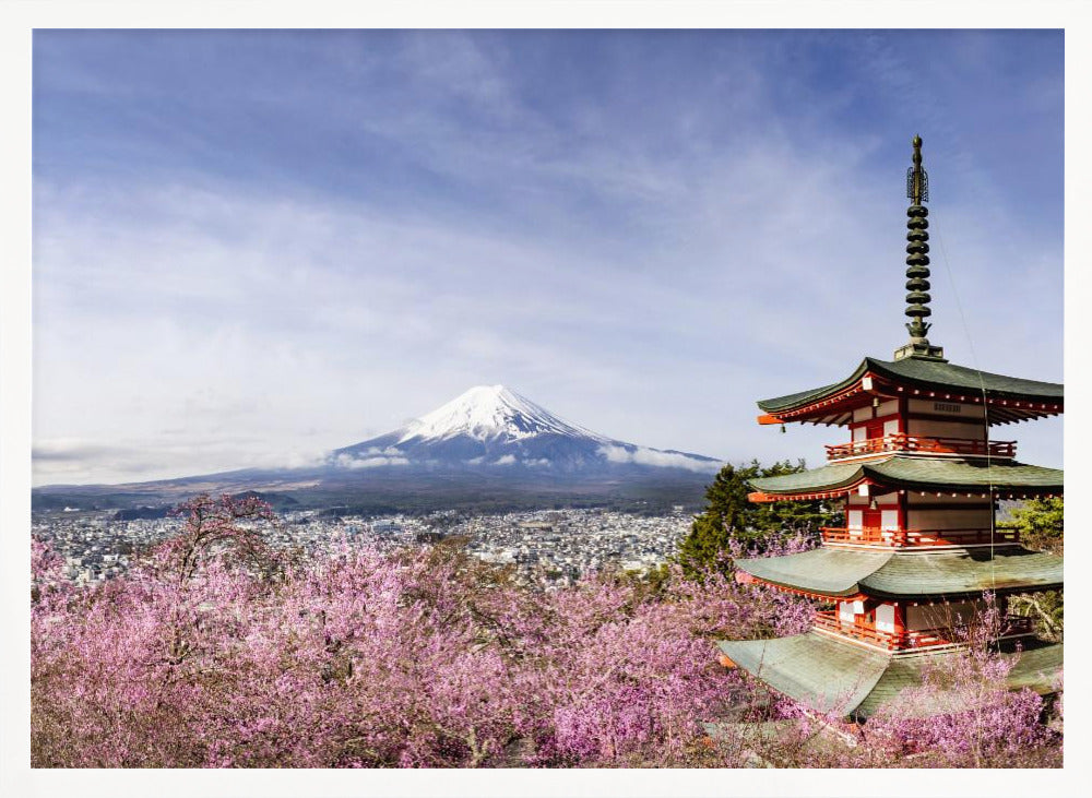 Magnificent panoramic view of Mount Fuji with Chureito Pagoda during cherry blossom season Poster