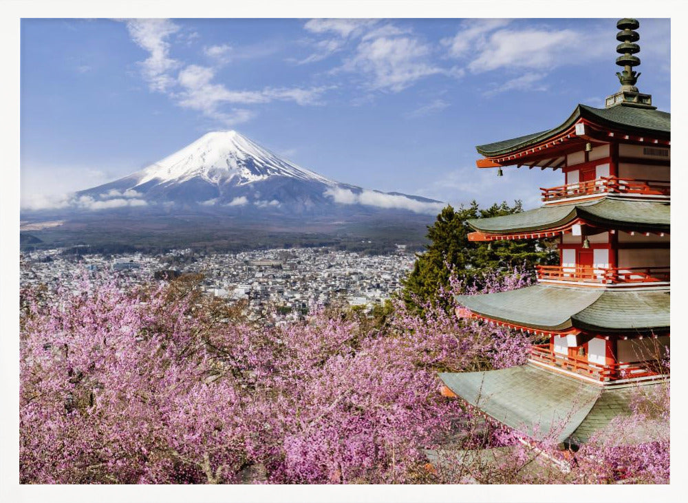 Gorgeous panoramic view of Mount Fuji with Chureito Pagoda during cherry blossom season Poster