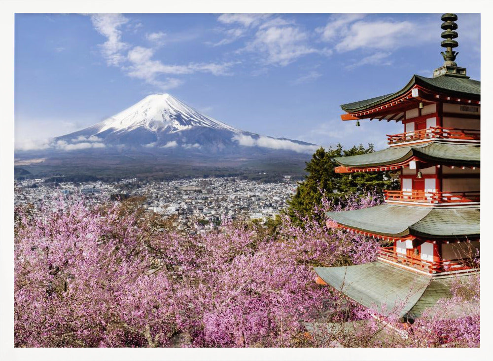 Picturesque view of Mount Fuji with Chureito Pagoda during cherry blossom season Poster