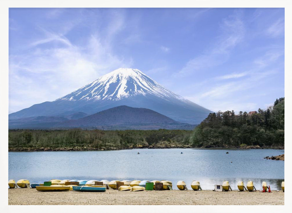 Idyllic Lake Shoji with majestic Mount Fuji Poster