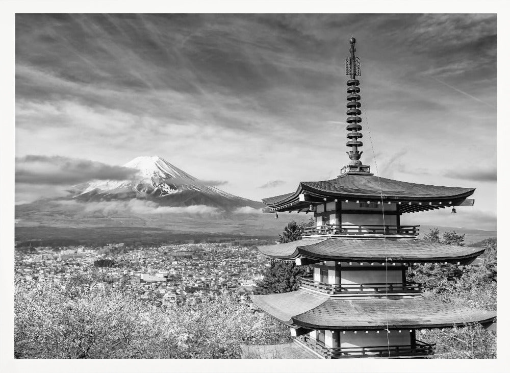 Magnificent view of Mount Fuji with Chureito Pagoda during cherry blossom season - monochrome Poster