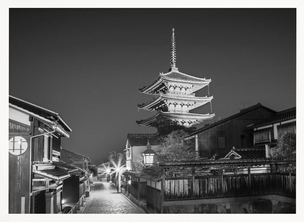 Yasaka Pagoda in historic Kyoto in the evening - monochrome Poster