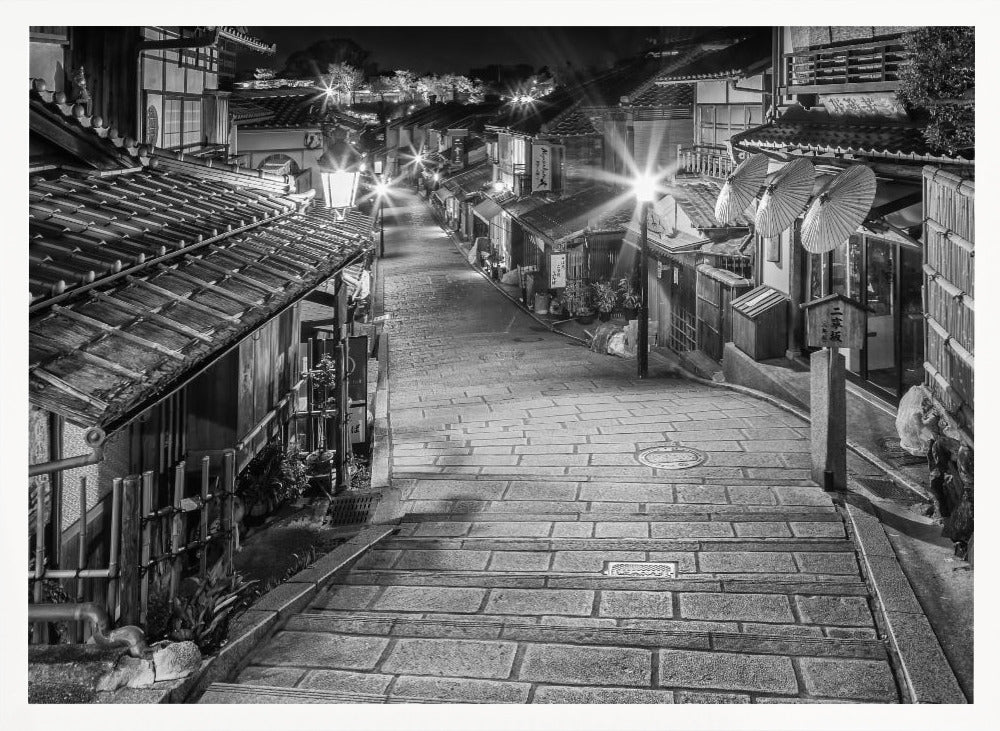 Ninen-zaka in historic Kyoto in the evening - monochrome Poster