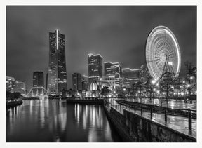 Dazzling Yokohama skyline at night - monochrome Poster