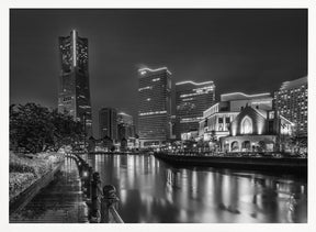 Fascinating Yokohama skyline at night - monochrome Poster