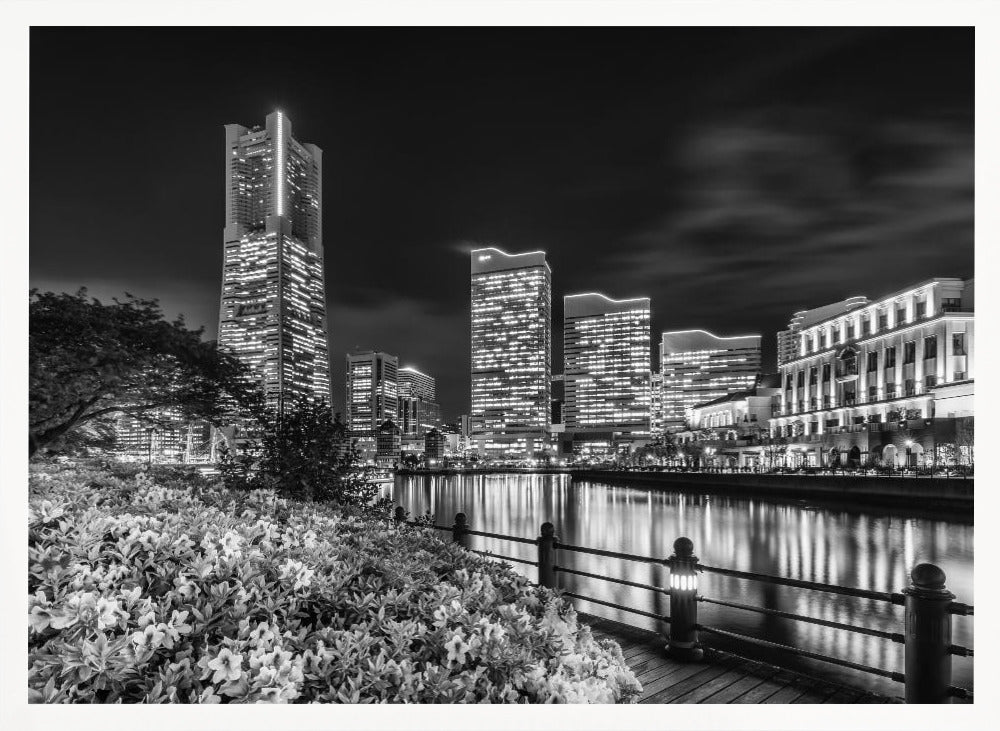 Idyllic Yokohama skyline at night - monochrome Poster