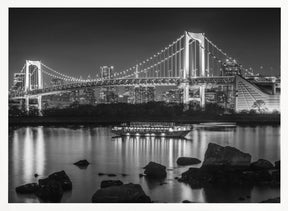 Striking Rainbow Bridge with Tokyo Skyline in the evening - monochrome panorama Poster