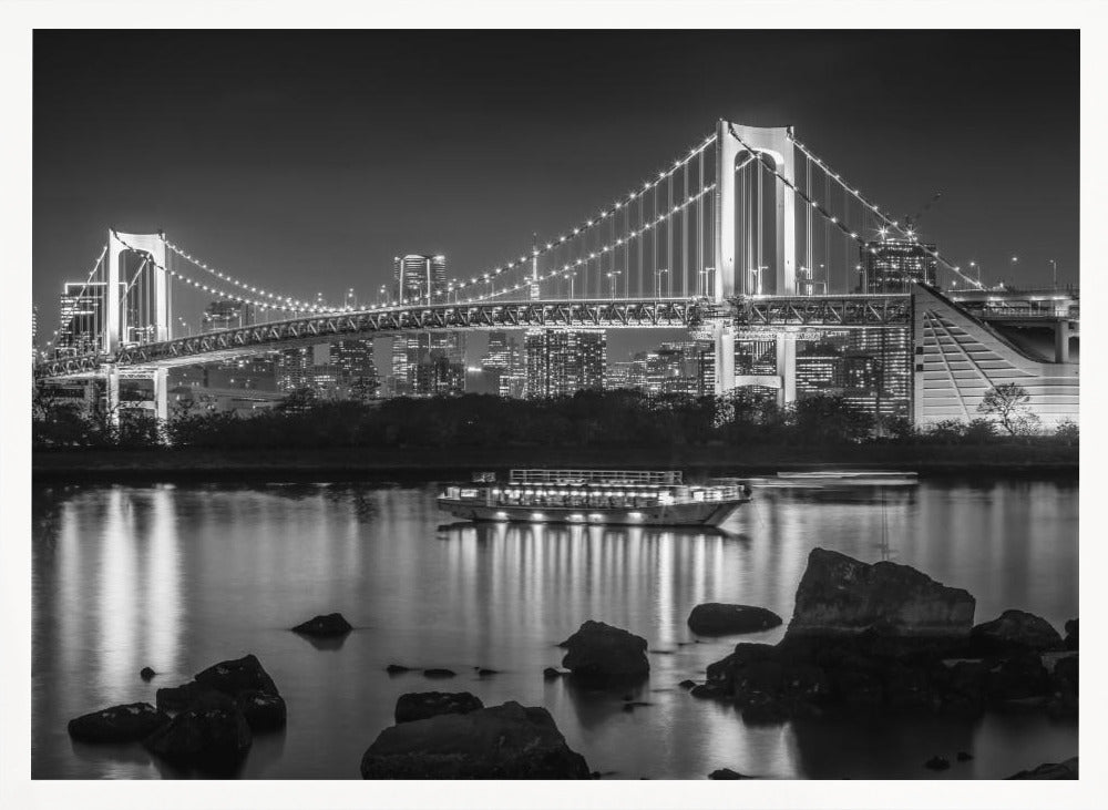 Charming Rainbow Bridge with Tokyo Skyline in the evening - monochrome panorama Poster