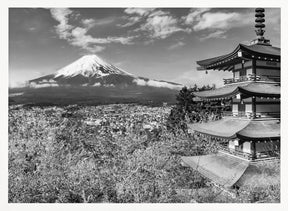 Gorgeous panoramic view of Mount Fuji with Chureito Pagoda during cherry blossom season - monochrome Poster