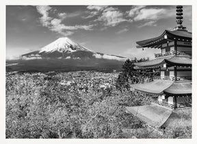 Picturesque view of Mount Fuji with Chureito Pagoda during cherry blossom season - monochrome Poster