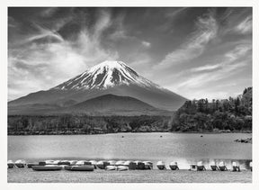 Idyllic Lake Shoji with majestic Mount Fuji - monochrome Poster