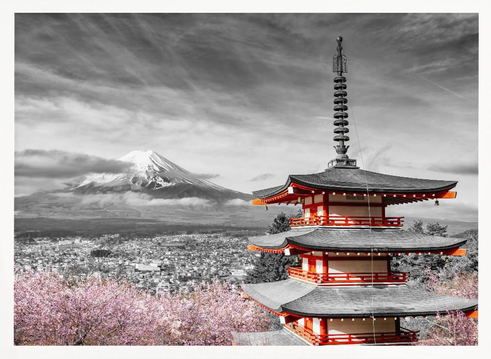 Magnificent view of Mount Fuji with Chureito Pagoda during cherry blossom season - colorkey Poster
