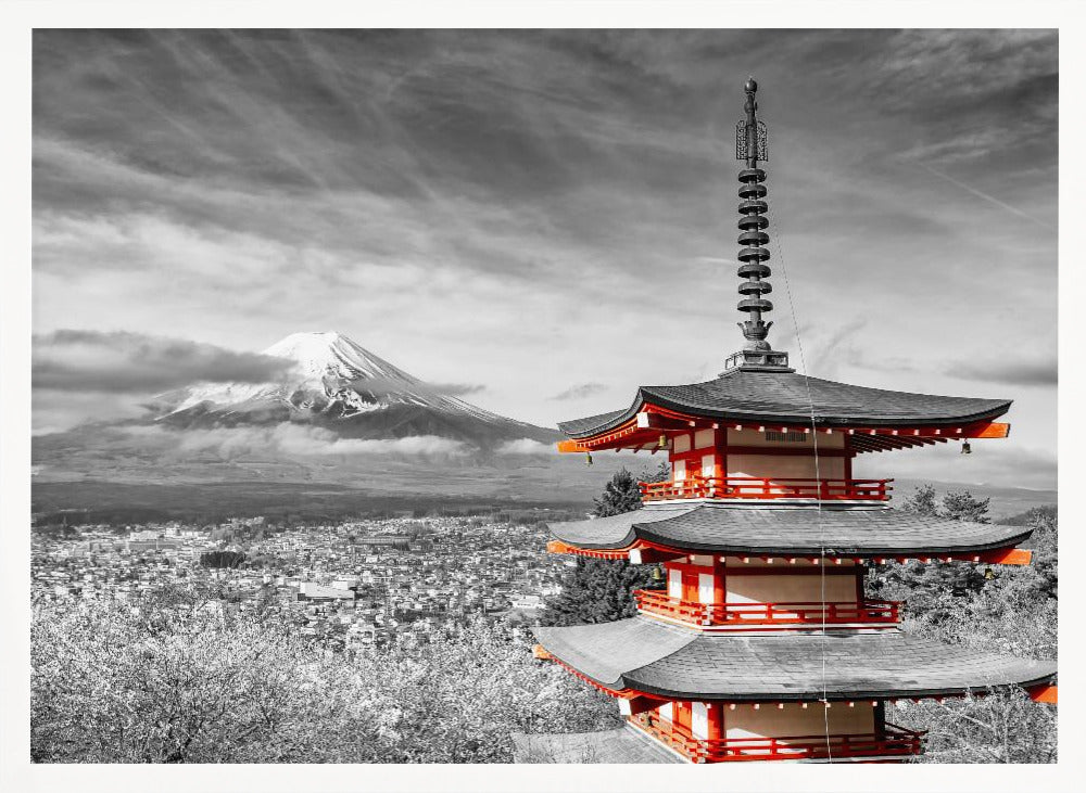 Magnificent view of Mount Fuji with Chureito Pagoda - colorkey Poster