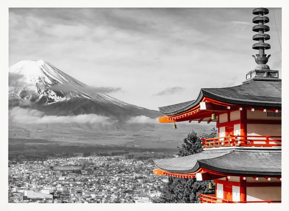 Unique panoramic view of Mount Fuji with Chureito Pagoda - colorkey Poster