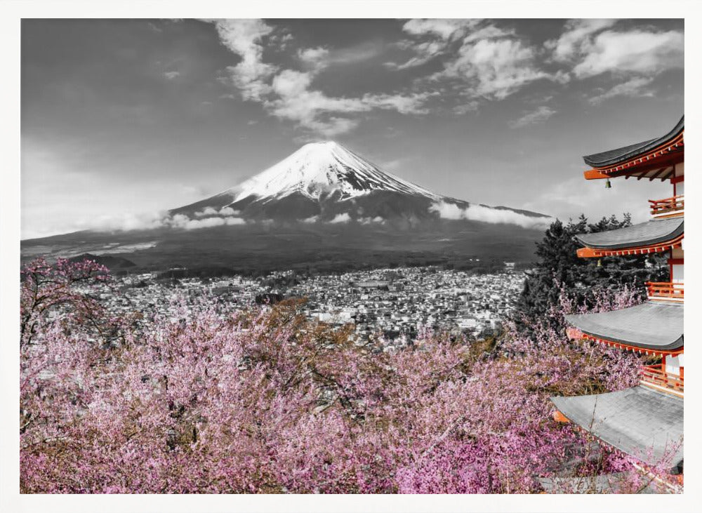 Idyllic panoramic view of Mount Fuji with Pagoda and Cherry Trees - colorkey Poster