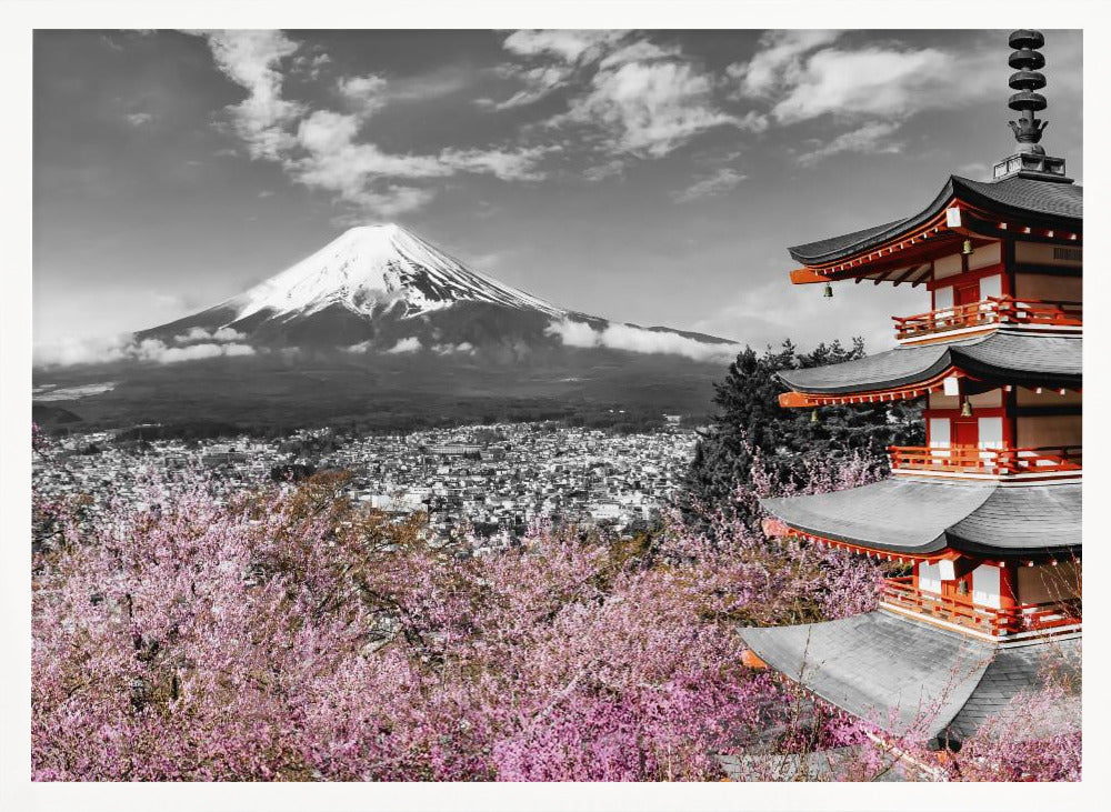 Lovely view of Mount Fuji with Pagoda and Cherry Trees - colorkey Poster