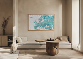 Aquamarine detailed map of Europe Poster