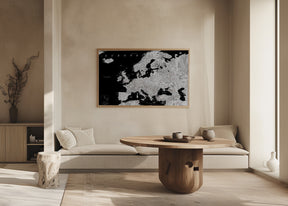 Black and grey detailed map of Europe Poster