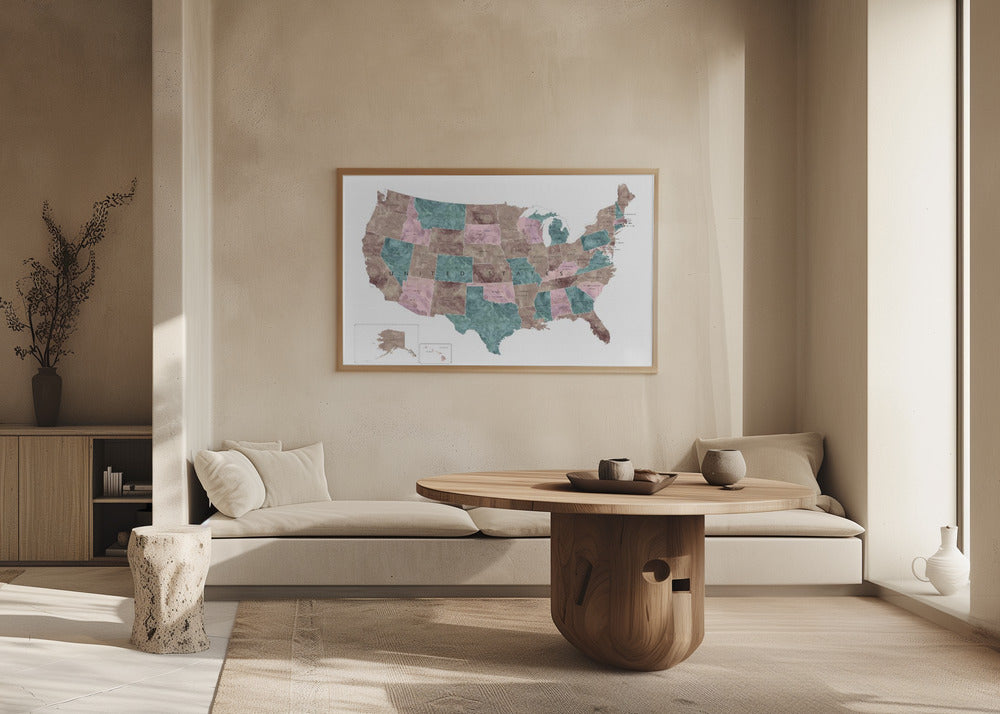 Pink and teal watercolor map of the US Poster