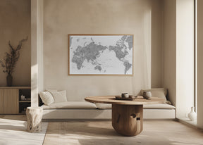 Pacific centered world map in gray watercolor Poster